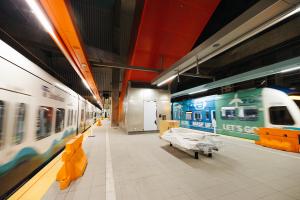 Two Link trains zoom through U District Station.