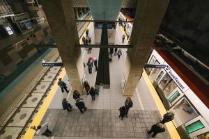 Looking down at the Roosevelt Station platform from above. 