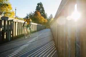 A bicyclist crosses a bridge. 