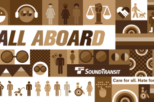 An illustration in tones of brown and black showing all riders accepted on board Sound Transit trains and buses.
