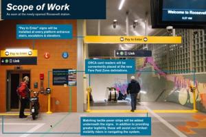 A graphic showing a Fare Paid Zone at Roosevelt Station, near the entrance. 