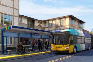 Rendering of a stride S3 bus at a station with people waiting