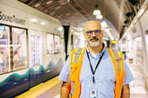 Carlos Trujillo stands on the platform in Pioneer Square Station