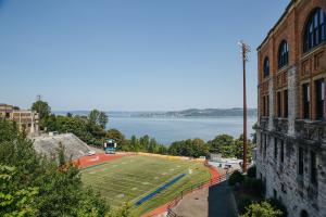 The view of the Sound looking out over the football field at Stadium High School in Tacoma