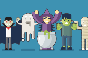 Cartoon characters of a vampire, ghost, witch, mummy and Frankenstein's monster