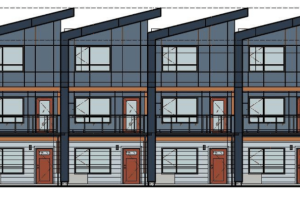 A rendering of four townhomes