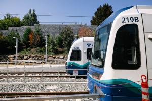 The front of two Link trains on the new tracks in Bellevue 