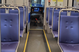 New blue vinyl seat material on board a Link car