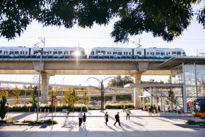 A train on the elevated track by Northgate Station