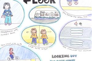 A drawing shows Sound Transit's five safety tips, including stay behind the yellow line and look both ways.