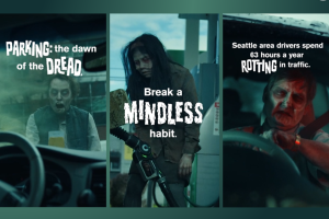 Three ads from Sound Transit's new campaign feature people in zombie makeup encouraging drivers to "break a mindless" habit and try public transit.