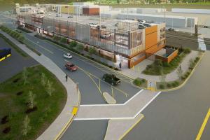 A rendering shows a few cars parked in a multilevel garage