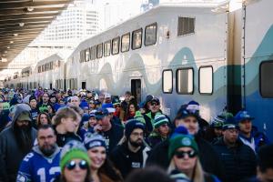 A large crowd of Seahawks fans on the Sounder platform