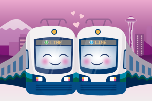 A graphic of two cartoon Link trains, a 1 Line and a 2 Line, hugging. The background is pink and contains a mountain and the Space Needle.