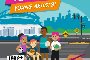 A graphic of kids and a Link train. Text reads "calling all young artists"