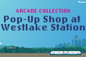 A graphic for the ST Shop Arcade Collection pop-up at Westlake Station