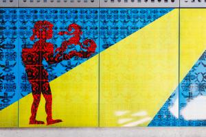 Blue, yellow, and red blocks on an art piece
