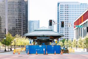 Blue construction fence around the Bellevue Transit Center