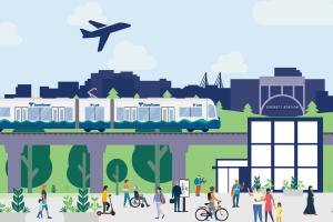  A visualization of community members next to an elevated light rail station in the city of Everett.