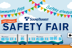 A graphic featuring a link train with the Safety program mascot with text that reads "2nd Annual Safety Fair", "Community first, safety always"