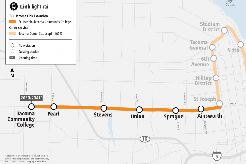 Project map for Tacoma Community College Tacoma Link Extension