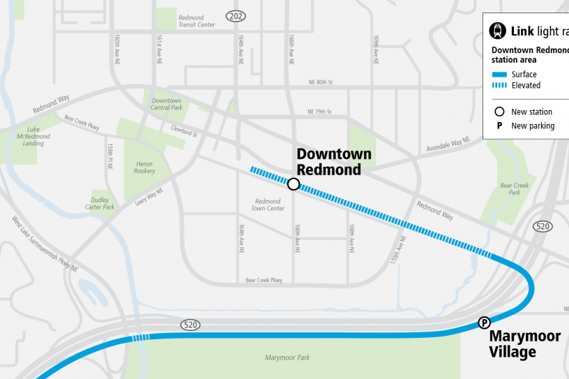 Map of the area surrounding Downtown Redmond Station