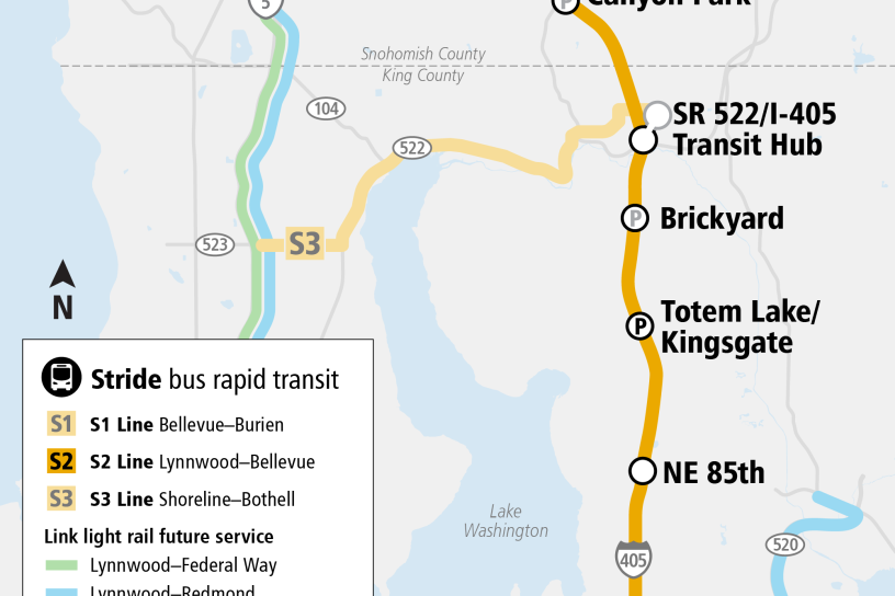 System Expansion Project map for Stride S2 Line showing all stations along the corridor