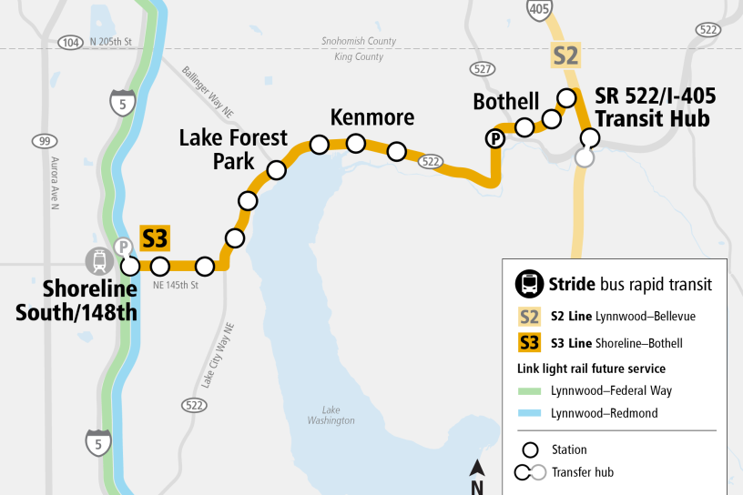 System Expansion Project map for Stride S3 Line showing all stations along the corridor