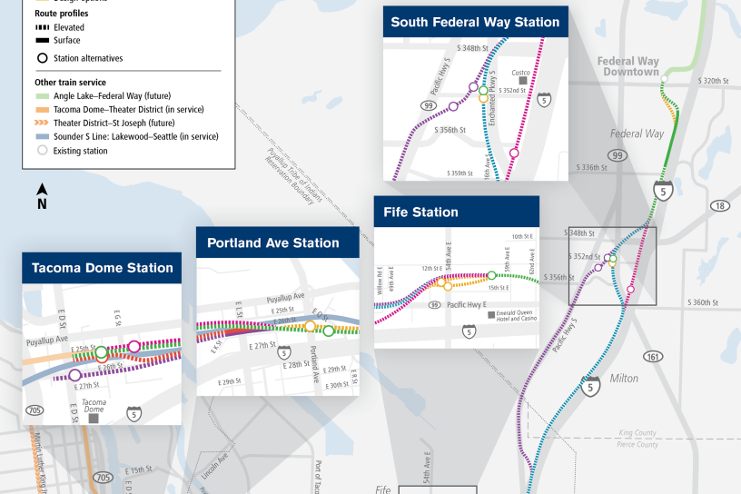 System Expansion Project map for Tacoma Dome Link Extension showing all stations within the project