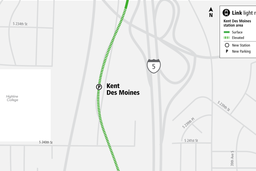 area map showing location of future Kent Des Moines Station as part of Federal Way Link Extension