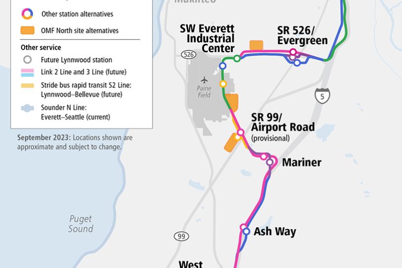 Map of proposed Everett Link Extension and alternatives