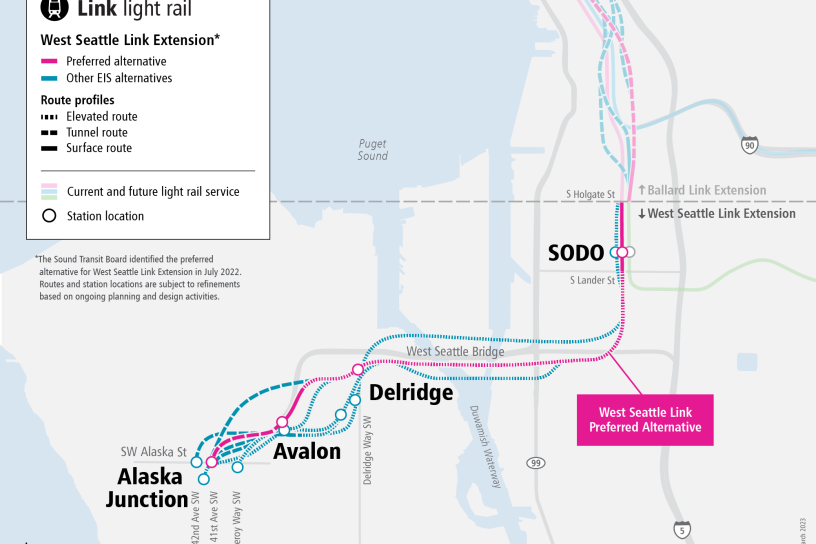 Map of the proposed route for the West Seattle Link Extension