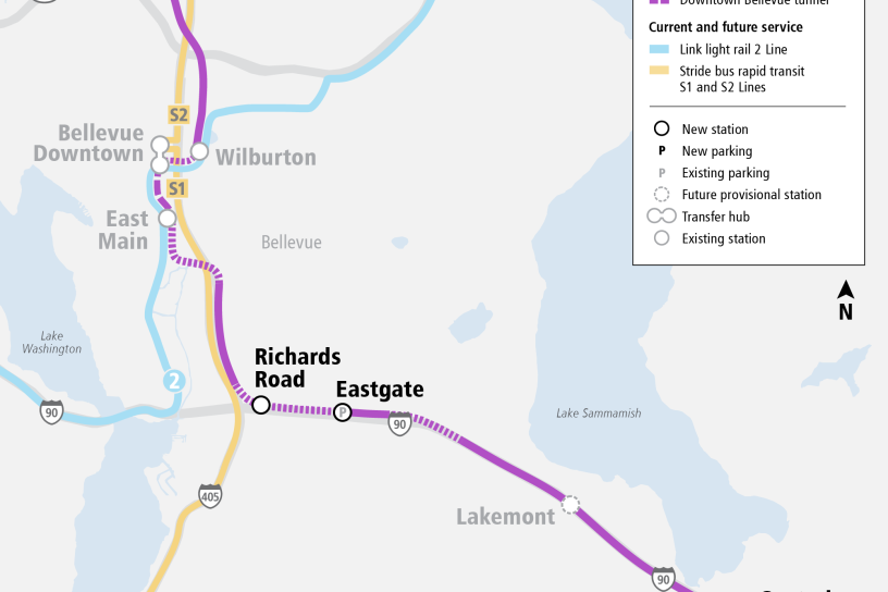 Map depicting the South Kirkland to Issaquah Link alignment