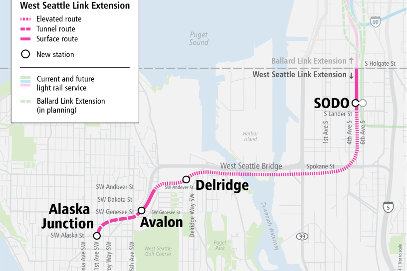 Map of the route for the West Seattle Link Extension