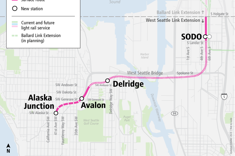Map of the route for the West Seattle Link Extension