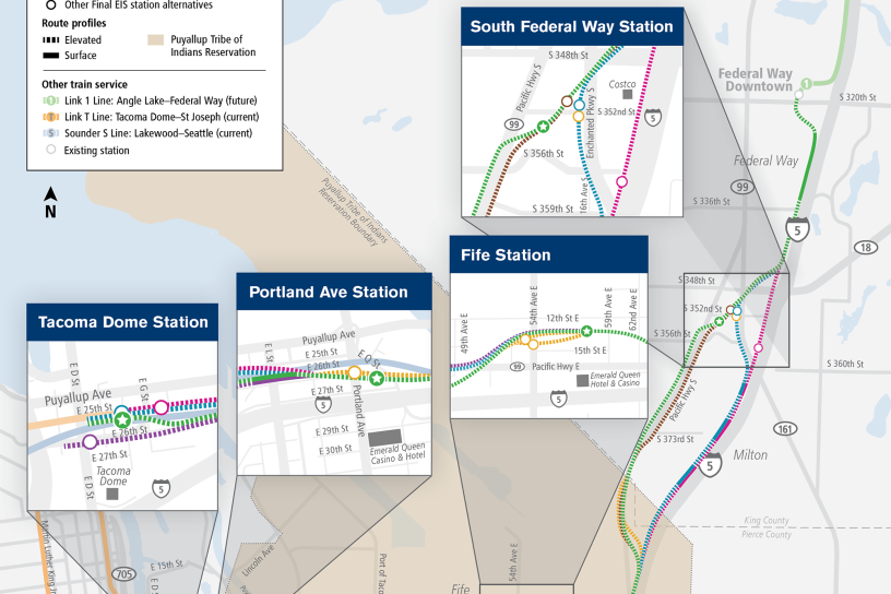 Map of proposed Tacoma Dome link extension with each station highlighted. Read under Overview heading for details.