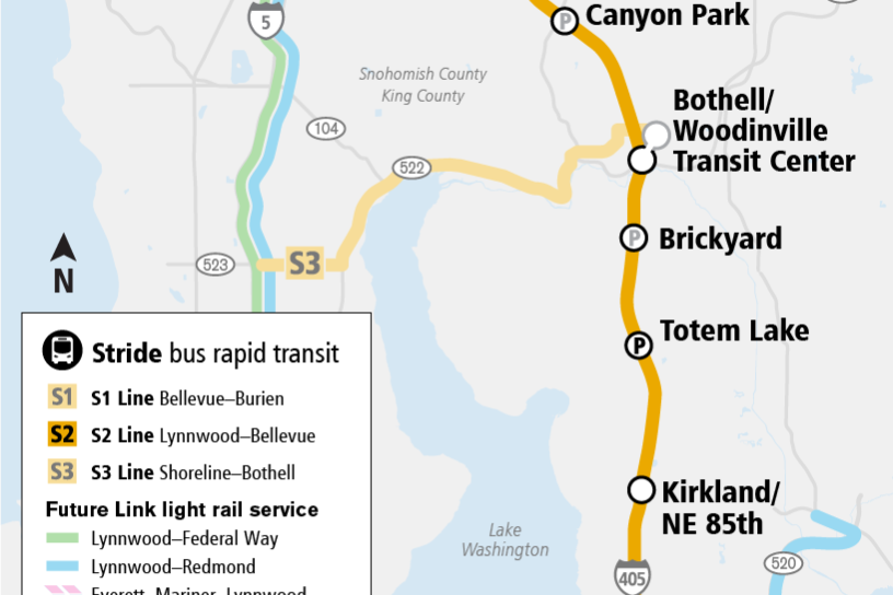 Map of Stride S2 Line. Stops from North to South: Lynnwood city center, Canyon Park, Bothell/Woodinville, Brickyard, Totem Lake, Kirkland/NE 85th, Bellevue Transit Center.