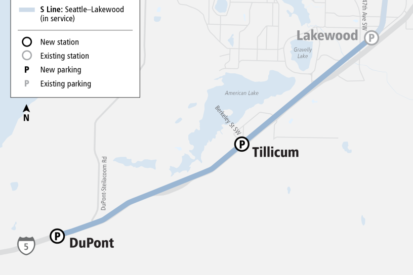 Map showing a Sounder S Line extension to Tillicum and DuPont.