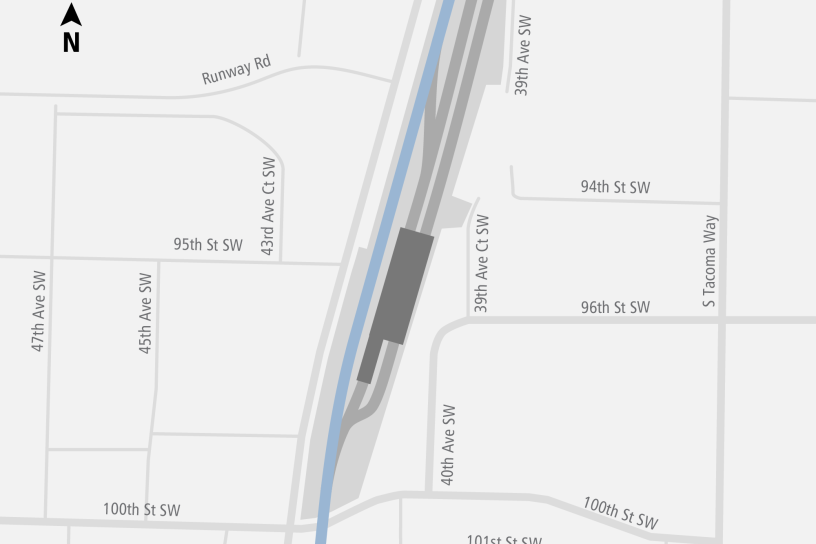 Map indicating location of future Sounder maintenance base north of 100th St SW and south of Steilacoom Boulevard