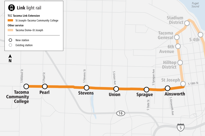 Map showing an extension of the T Line to Tacoma Community College.