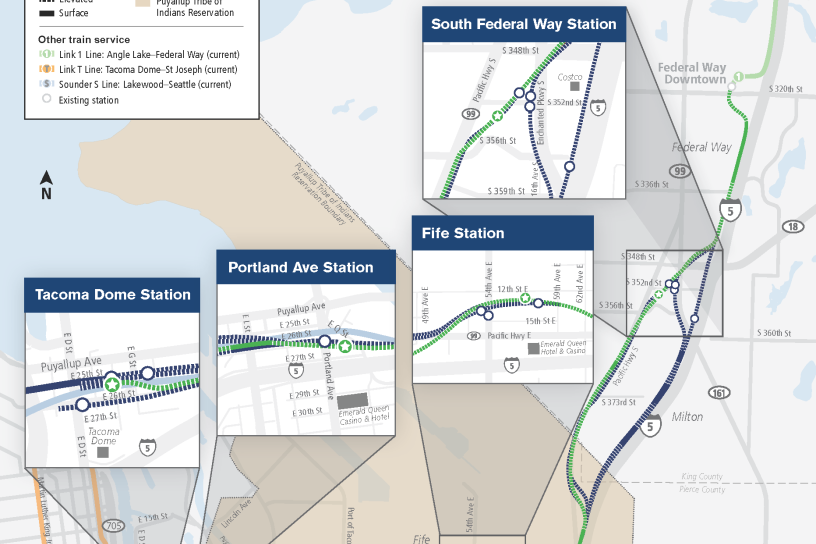 Map of proposed Tacoma Dome link extension with each station highlighted. Read under Overview heading for details.