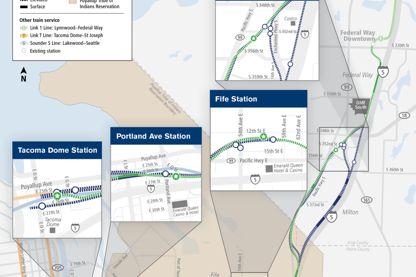 Map depicting preferred stations for tacoma dome link extension