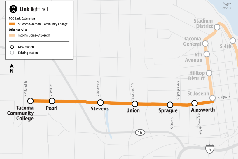 Map showing an extension of the T Line to Tacoma Community College.
