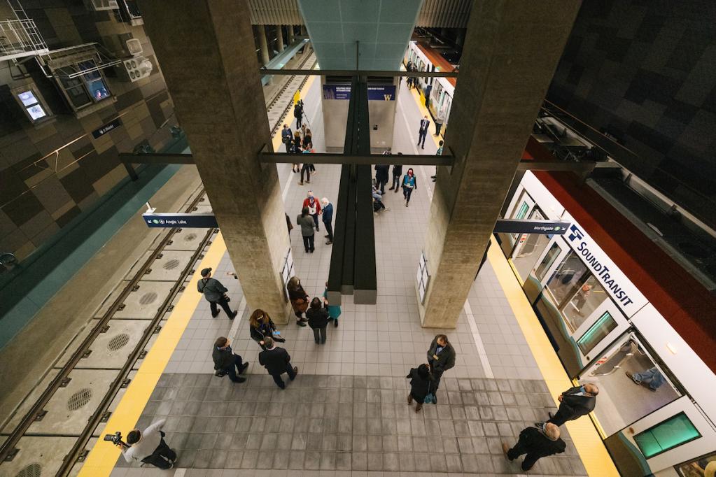 Looking down at the Roosevelt Station platform from above. 