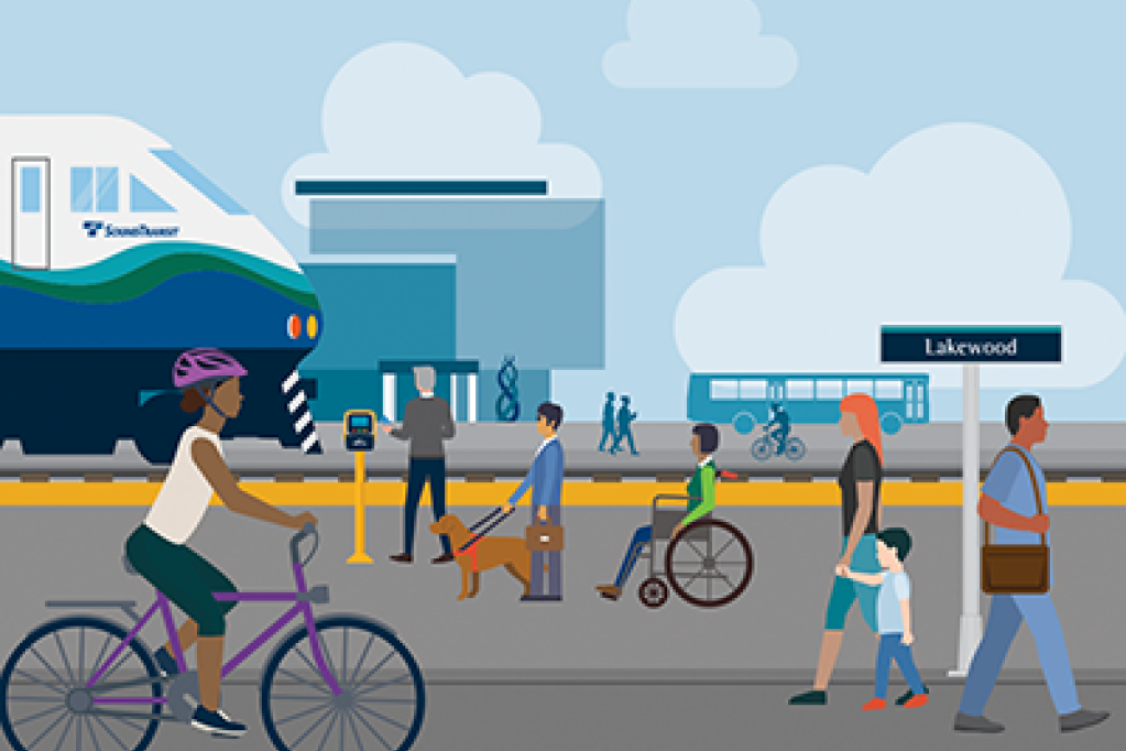 Illustration of people at  Lakewood Station with the train in the background