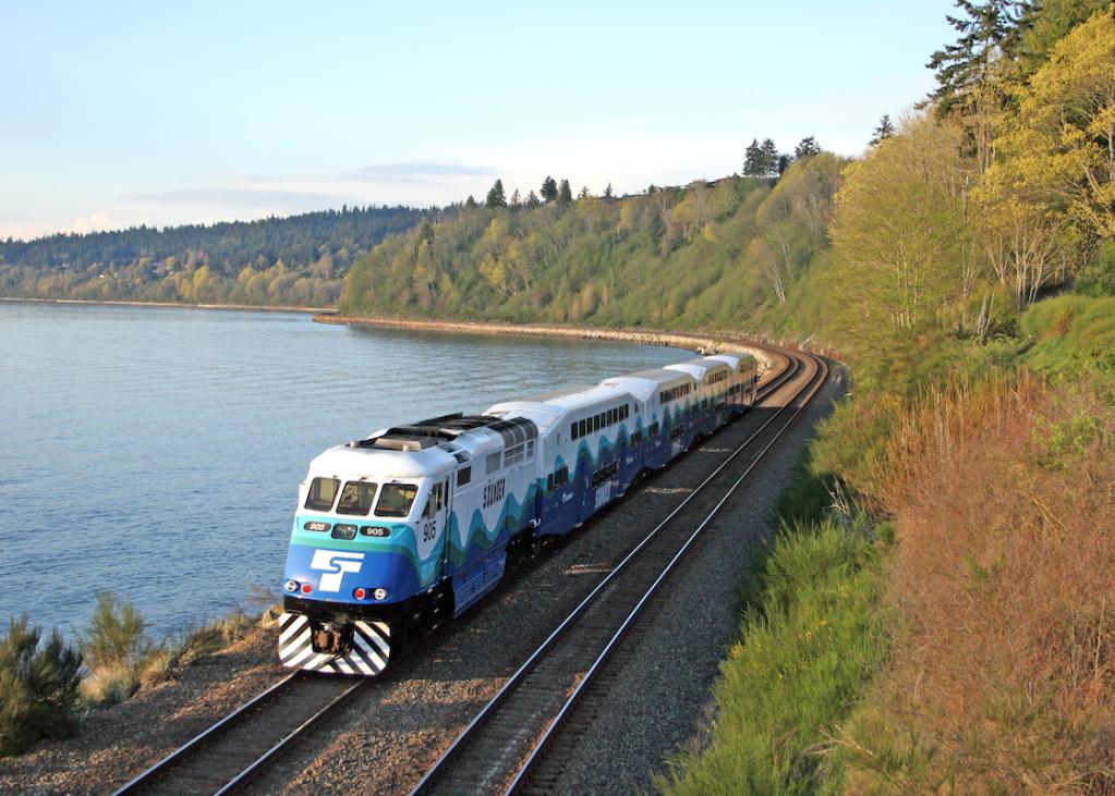A Sounder train along the waterfront at Carkeek Park in Seattle