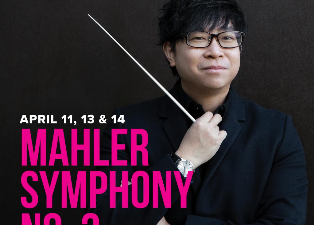 A photo of Mahler Symphony #3's conductor, Kachun Wong holding a violin bow.