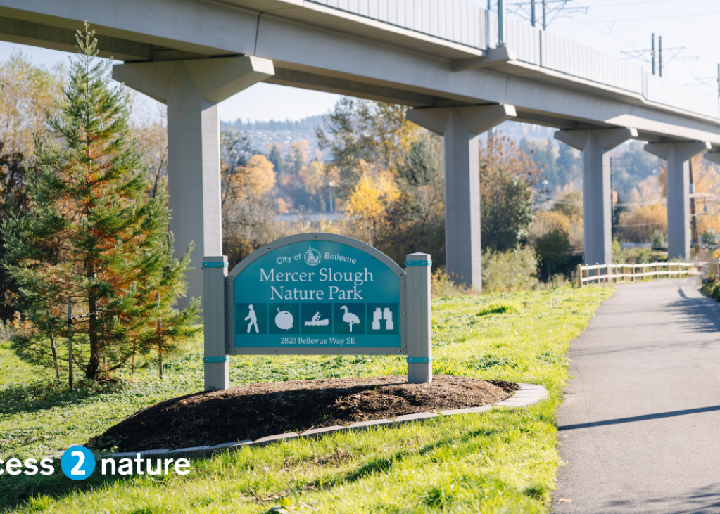 A sign for Mercer Slough Park in Bellevue, with elevated guideway for the light rail 2 Line extension in the background