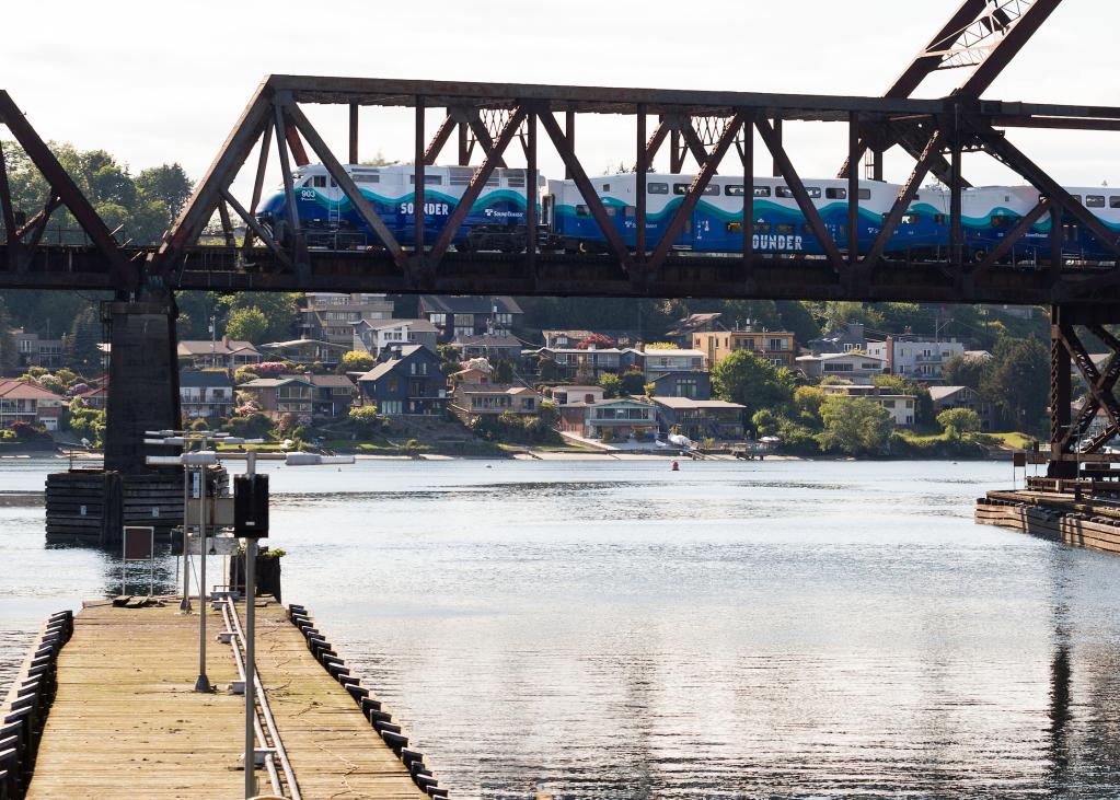 Sounder crosses a bridge near the Hiram M. Chittenden Locks, or Ballard Locks