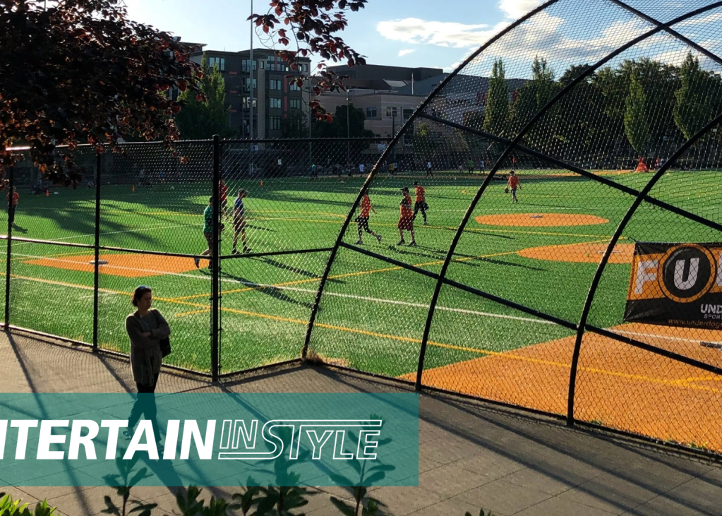 A baseball field with the words Entertain in Style overlaid over.